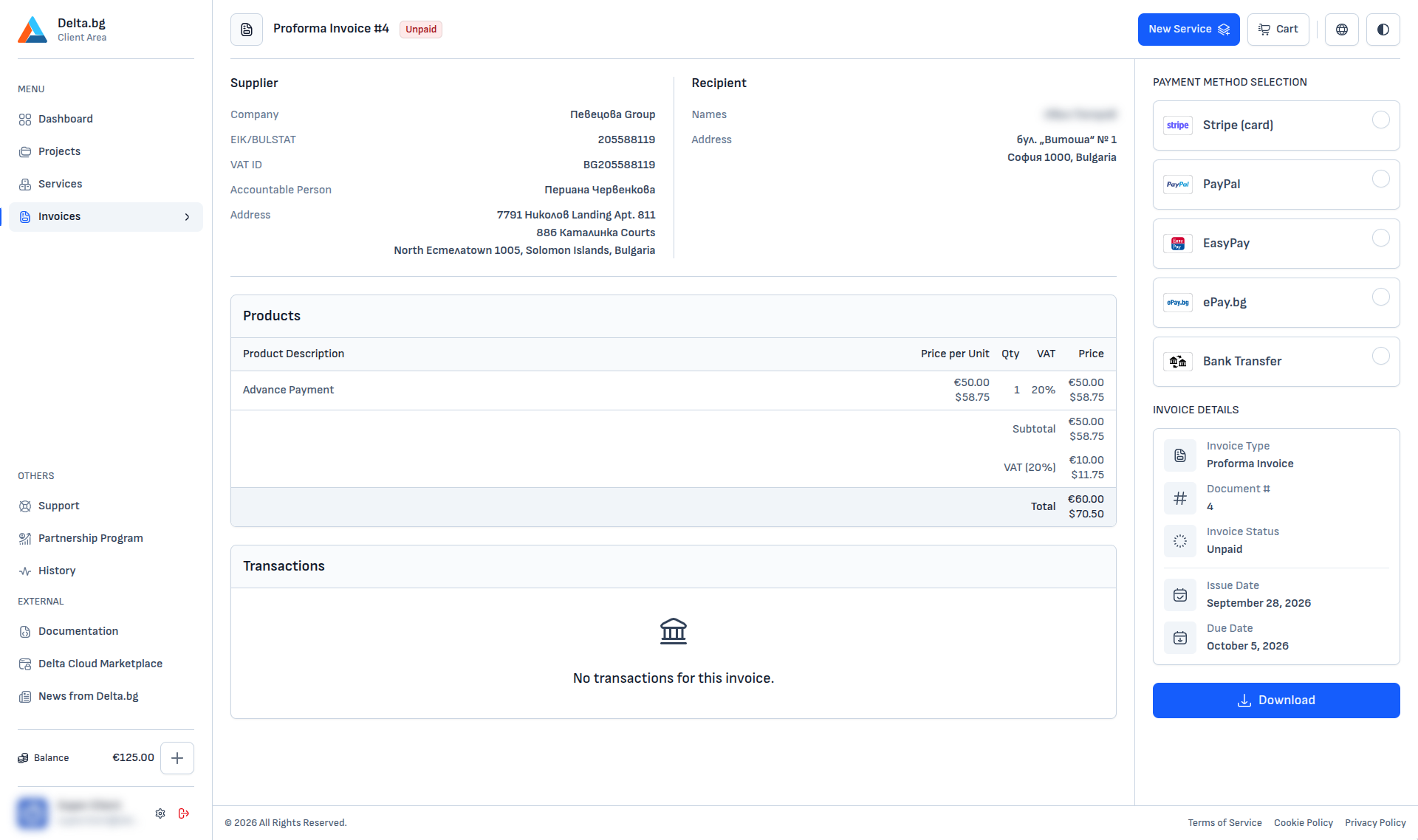 Proforma invoice for a credit top-up