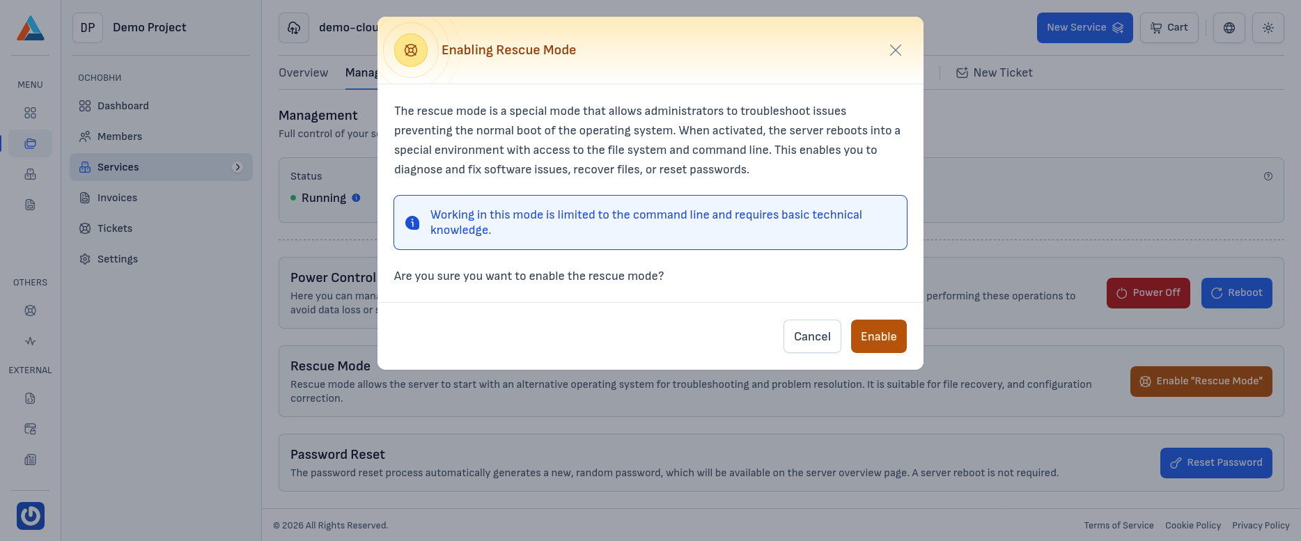 Rescue mode enable confirmation dialog