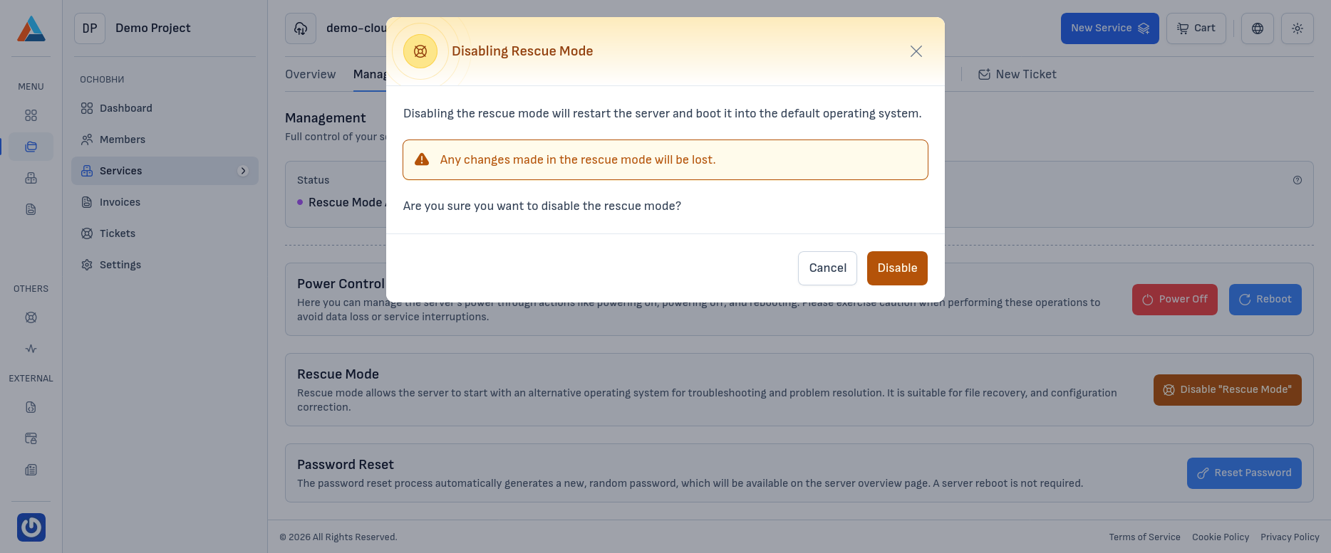 Rescue mode disable confirmation dialog